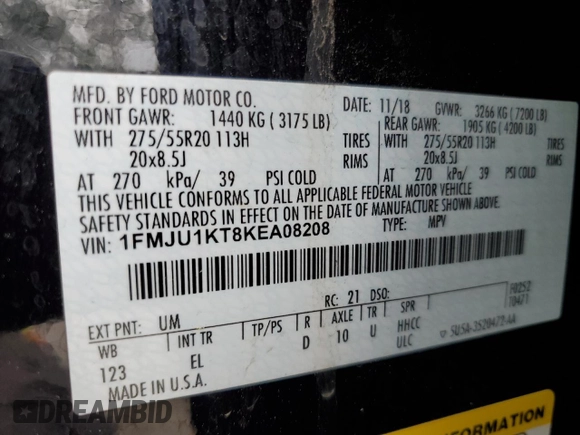 2019 Ford Expedition Limited with VIN 1FMJU1KT8KEA08208, listed as a Copart auction lot 55594965 with 117,946 mi miles and Salvage title. Bid and sale history available at DreamBid. Image 13.
