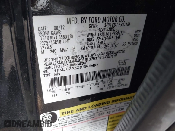 2013 Ford Expedition Limited with VIN 1FMJU2A5XDEF00492, listed as a IAAI auction lot 42166881 with 78,004 mi miles and . Bid and sale history available at DreamBid. Image 9.