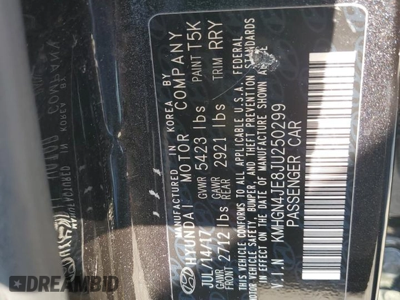 2018 Genesis G80 3.8L z VIN KMHGN4JE8JU250299, wystawiony jako Copart lot #53233385 z przebiegiem 87 385 mil mil oraz Szkody całkowita. Historia ofert i sprzedaży dostępna na DreamBid. Obrazek 12.