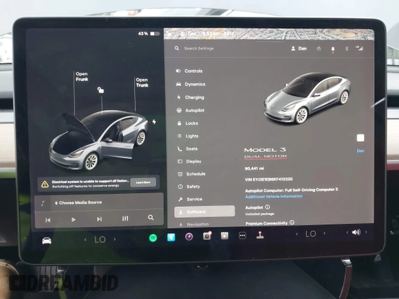 2019 Tesla Model 3 Long Range with VIN 5YJ3E1EB6KF413320, listed as a IAAI auction lot 41760428 with 90,441 mi miles and . Bid and sale history available at DreamBid. Image 17.