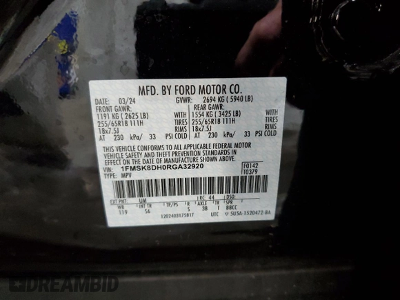 2024 Ford Explorer XLT с VIN 1FMSK8DH0RGA32920, выставлен на аукционе Copart как лот 62485025 с пробегом 9 266 миль миль и Списание • Salvage title. История ставок и продаж доступна на DreamBid. Изображение 14.