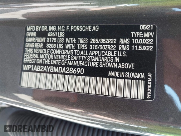 2021 Porsche Cayenne S with VIN WP1AB2AY8MDA28690, listed as a IAAI auction lot 42333167 with 39,489 mi miles and . Bid and sale history available at DreamBid. Image 9.