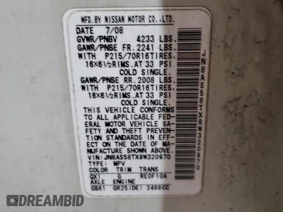 2009 Nissan Rogue SL with VIN JN8AS58TX9W320970, listed as a Copart auction lot 83201104 with 207,726 mi miles and Non Repairable. Bid and sale history available at DreamBid. Image 13.