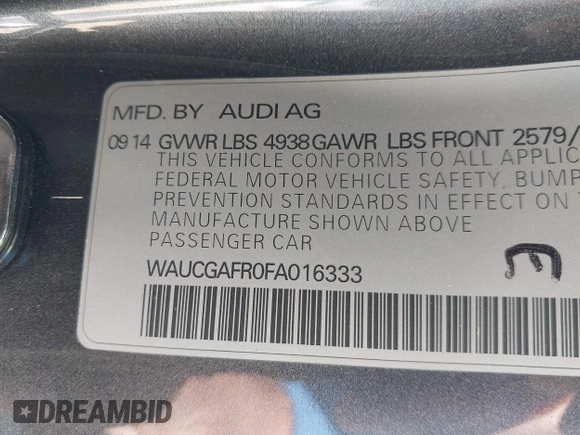 2015 Audi S5 Premium Plus with VIN WAUCGAFR0FA016333, listed as a IAAI auction lot 41791187 with 95,987 mi miles. Bid and sale history available at carsss.com. Image 9.