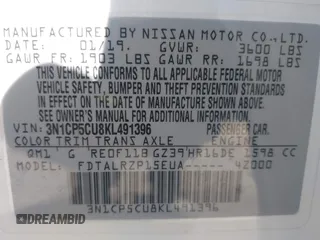 2019 Nissan Kicks S with VIN 3N1CP5CU8KL491396, listed as a IAAI auction lot 41986602 with 101,389 mi miles and . Bid and sale history available at carsss.com. Image 9.