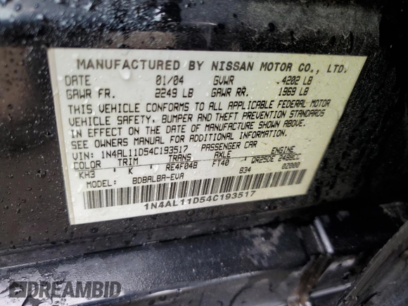 2004 Nissan Altima with VIN 1N4AL11D54C193517, listed as a Copart auction lot 56189985 with 210,451 mi miles and Salvage title. Bid and sale history available at DreamBid. Image 12.
