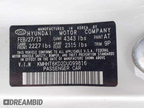 2013 Hyundai Genesis Coupe 2.0T with VIN KMHHT6KD2DU099816, listed as a IAAI auction lot 42847607 with 79,485 mi miles and . Bid and sale history available at DreamBid. Image 9.
