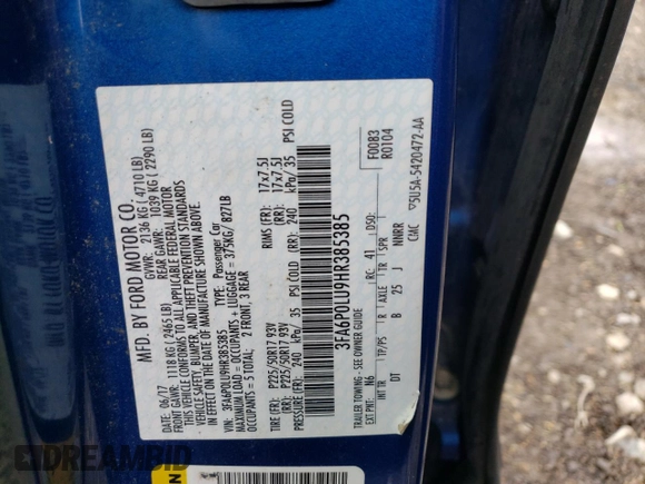 2017 Ford Fusion Hybrid SE with VIN 3FA6P0LU9HR385385, listed as a Copart auction lot 48885275 with 141,201 mi miles and Non repairable. Bid and sale history available at DreamBid. Image 12.