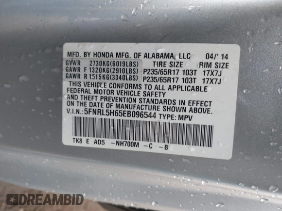 2014 Honda Odyssey EX-L with VIN 5FNRL5H65EB096544, listed as a IAAI auction lot 41903451 with 99,628 mi miles and . Bid and sale history available at carsss.com. Image 9.