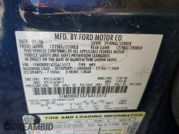 2007 Ford Freestyle SEL z VIN 1FMDK021X7GA15572, wystawiony jako Copart lot #50347905 z przebiegiem Nie podano mil oraz Szkody całkowita. Historia ofert i sprzedaży dostępna na DreamBid. Obrazek 13.