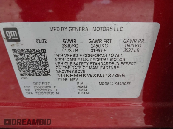 2022 Chevrolet Traverse LT with VIN 1GNERHKWXNJ131456, listed as a IAAI auction lot 41700633 with 48,952 mi miles and . Bid and sale history available at DreamBid. Image 9.