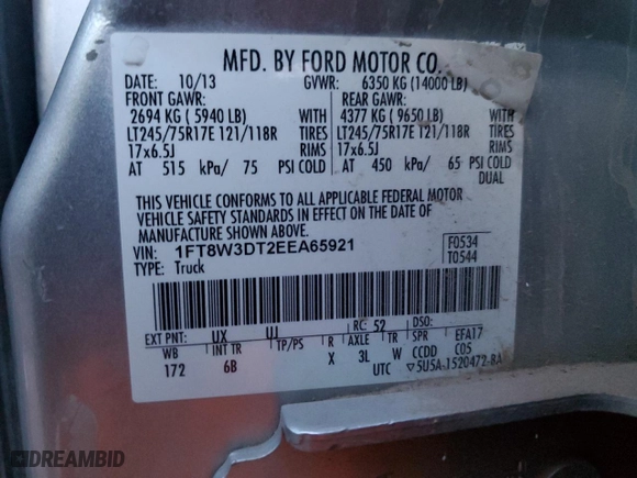2014 Ford Super Duty F-350 DRW XLT with VIN 1FT8W3DT2EEA65921, listed as a Copart auction lot 85240494 with 246,190 mi miles and Salvage Title. Bid and sale history available at carsss.com. Image 13.