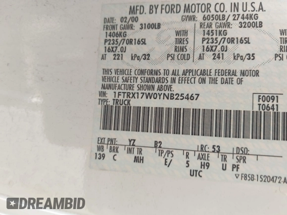 2000 Ford F-150 XL z VIN 1FTRX17W0YNB25467, wystawiony jako IAAI lot #42474329 z przebiegiem Nie podano mil oraz . Historia ofert i sprzedaży dostępna na DreamBid. Obrazek 9.