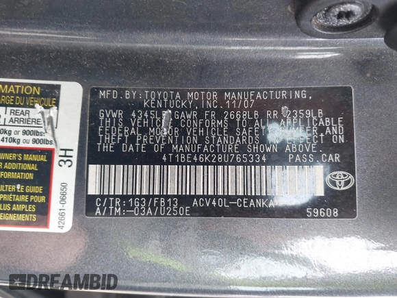 2008 Toyota Camry LE z VIN 4T1BE46K28U765334, wystawiony jako IAAI lot #42321251 z przebiegiem Nie podano mil oraz . Historia ofert i sprzedaży dostępna na DreamBid. Obrazek 9.