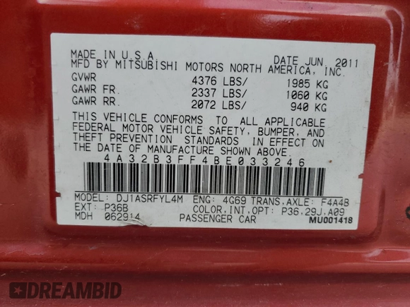 2011 Mitsubishi Galant ES with VIN 4A32B3FF4BE033246, listed as a Copart auction lot 86287174 with 160,897 mi miles and Salvage Title. Bid and sale history available at carsss.com. Image 14.