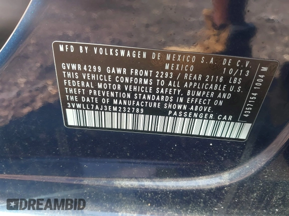 2014 Volkswagen Jetta TDI w/Premium/Nav with VIN 3VWLL7AJ3EM232789, listed as a IAAI auction lot 42737539 with 60,263 mi miles and . Bid and sale history available at DreamBid. Image 9.