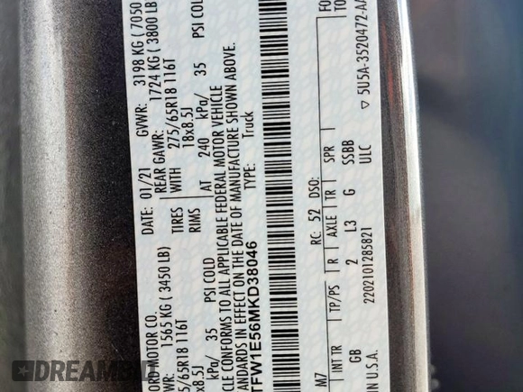 2021 Ford F-150 XL with VIN 1FTFW1E56MKD38046, listed as a Copart auction lot 61674525 with 89,477 mi miles and Salvage title. Bid and sale history available at DreamBid. Image 12.