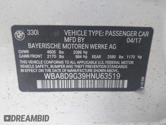 2017 BMW 3 Series 330i xDrive with VIN WBA8D9G39HNU63519, listed as a IAAI auction lot 42330597 with 80,498 mi miles and . Bid and sale history available at DreamBid. Image 9.