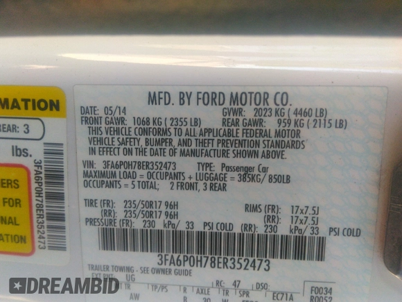 2014 Ford Fusion SE with VIN 3FA6P0H78ER352473, listed as a IAAI auction lot 42245335 with 205,127 mi miles and . Bid and sale history available at DreamBid. Image 9.