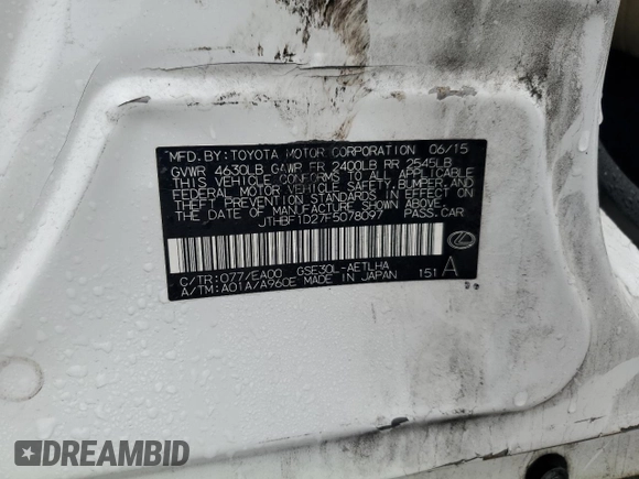 2015 Lexus IS 250 with VIN JTHBF1D27F5078097, listed as a Copart auction lot 43129885 with 96,318 mi miles and Salvage Title. Bid and sale history available at carsss.com. Image 12.