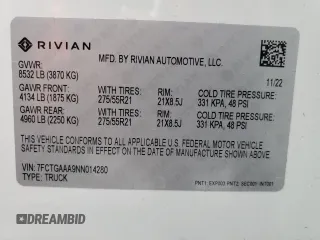 2022 Rivian R1T Adventure z VIN 7FCTGAAA9NN014280, wystawiony jako Copart lot #49723355 z przebiegiem 28 601 mil mil oraz Szkody całkowita. Historia ofert i sprzedaży dostępna na DreamBid. Obrazek 13.