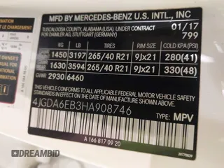 2017 Mercedes-Benz GLE 43 AMG z VIN 4JGDA6EB3HA908746, wystawiony jako IAAI lot #42201584 z przebiegiem 105 427 mil mil oraz . Historia ofert i sprzedaży dostępna na DreamBid. Obrazek 9.