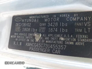 2003 Hyundai Accent GL with VIN KMHCG45C73U455357, listed as a IAAI auction lot 41395159 with 86,488 mi miles. Bid and sale history available at carsss.com. Image 9.
