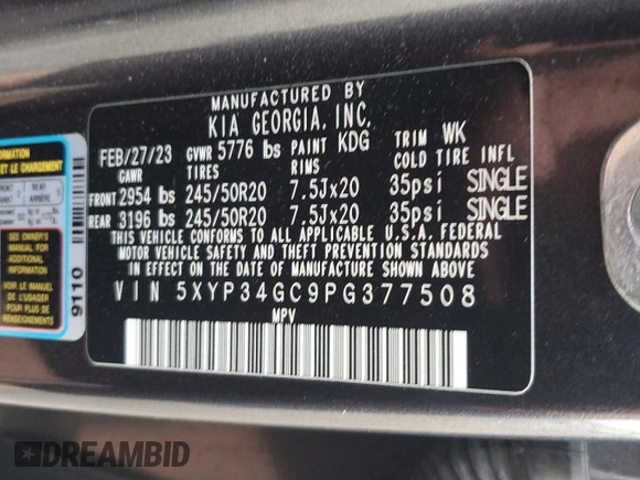 2023 Kia Telluride EX with VIN 5XYP34GC9PG377508, listed as a Copart auction lot 55575655 with 52,047 mi miles and Salvage title. Bid and sale history available at DreamBid. Image 13.