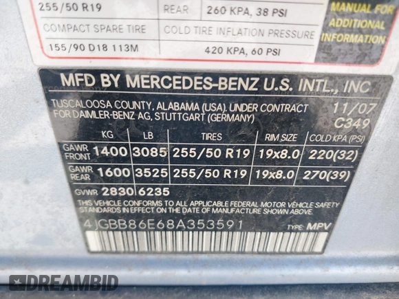 2008 Mercedes-Benz M 350 with VIN 4JGBB86E68A353591, listed as a IAAI auction lot 42298212 with 184,686 mi miles and . Bid and sale history available at DreamBid. Image 9.