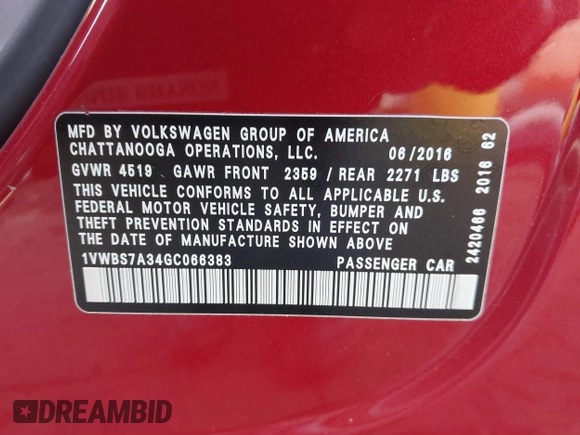 2016 Volkswagen Passat SE z VIN 1VWBS7A34GC066383, wystawiony jako IAAI lot #41723442 z przebiegiem 104 077 mil mil oraz . Historia ofert i sprzedaży dostępna na DreamBid. Obrazek 9.