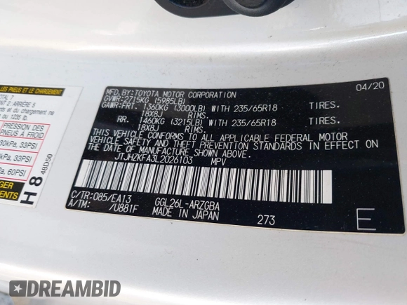2020 Lexus RX 350L with VIN JTJHZKFA3L2026103, listed as a IAAI auction lot 41695738 with 84,640 mi miles and . Bid and sale history available at DreamBid. Image 9.