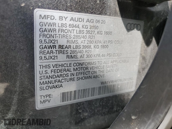 2020 Audi SQ7 z VIN WA1VWAF75LD012621, wystawiony jako Copart lot #52307834 z przebiegiem 43 473 mil mil oraz . Historia ofert i sprzedaży dostępna na DreamBid. Obrazek 12.