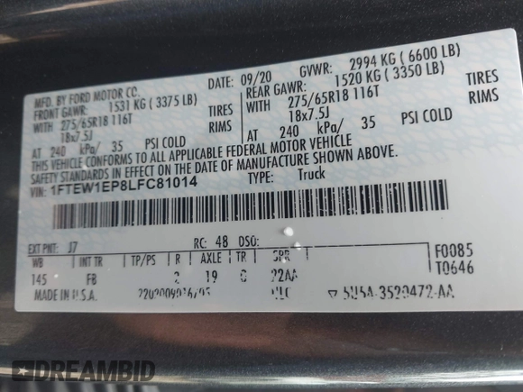 2020 Ford F-150 XL with VIN 1FTEW1EP8LFC81014, listed as a IAAI auction lot 42181885 with 45,171 mi miles and . Bid and sale history available at DreamBid. Image 9.