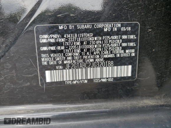 2018 Subaru Crosstrek Premium z VIN JF2GTABC2JG320188, wystawiony jako Copart lot #67418154 z przebiegiem 98 549 mil mil oraz Szkoda całkowita • Salvage title. Historia ofert i sprzedaży dostępna na DreamBid. Obrazek 14.