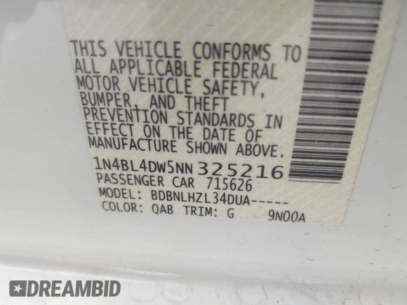 2022 Nissan Altima SV with VIN 1N4BL4DW5NN325216, listed as a IAAI auction lot 41460731 with 15,867 mi miles and . Bid and sale history available at DreamBid. Image 9.