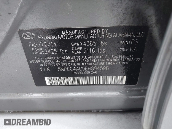 2014 Hyundai Sonata SE with VIN 5NPEC4AC5EH894598, listed as a IAAI auction lot 41242457 with 153,635 mi miles and . Bid and sale history available at DreamBid. Image 9.