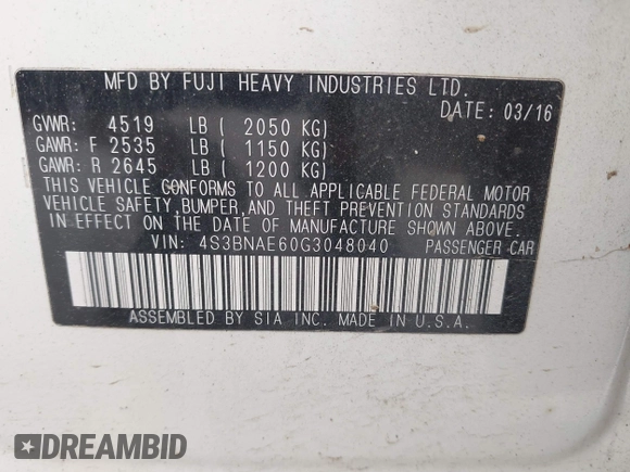 2016 Subaru Legacy Premium with VIN 4S3BNAE60G3048040, listed as a IAAI auction lot 42675070 with 198,424 mi miles and . Bid and sale history available at DreamBid. Image 9.
