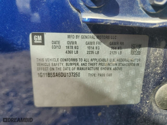 2013 Chevrolet Malibu LS with VIN 1G11B5SA6DU137260, listed as a Copart auction lot 45048905 with 135,905 mi miles and Salvage Title. Bid and sale history available at carsss.com. Image 13.