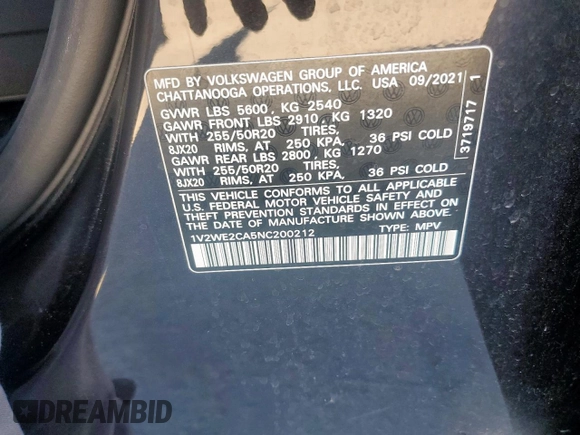 2022 Volkswagen Atlas SE with VIN 1V2WE2CA5NC200212, listed as a Copart auction lot 57658035 with 49,223 mi miles and Salvage title. Bid and sale history available at DreamBid. Image 13.