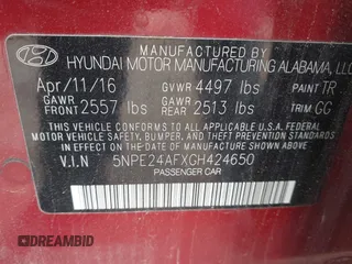 2016 Hyundai Sonata SE with VIN 5NPE24AFXGH424650, listed as a IAAI auction lot 42192639 with 126,632 mi miles and . Bid and sale history available at carsss.com. Image 9.