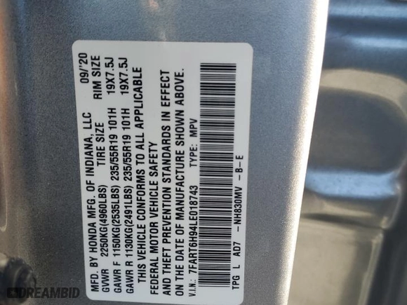 2020 Honda CR-V Hybrid Touring with VIN 7FART6H94LE018743, listed as a Copart auction lot 48058205 with NaN miles and Salvage Title. Bid and sale history available at carsss.com. Image 13.