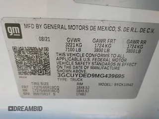 2021 Chevrolet Silverado 1500 LT with VIN 3GCUYDED9MG439695, listed as a IAAI auction lot 41832866 with 43,740 mi miles and . Bid and sale history available at DreamBid. Image 9.