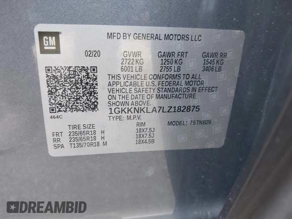 2020 GMC Acadia SLE z VIN 1GKKNKLA7LZ182875, wystawiony jako IAAI lot #42527918 z przebiegiem 54 264 mil mil oraz . Historia ofert i sprzedaży dostępna na DreamBid. Obrazek 9.