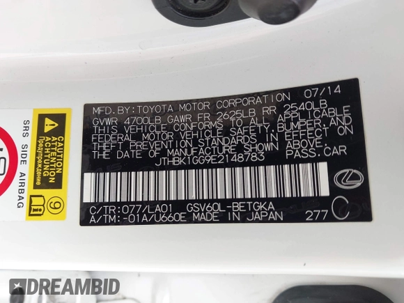 2014 Lexus ES 350 with VIN JTHBK1GG9E2148783, listed as a IAAI auction lot 41624707 with 130,481 mi miles. Bid and sale history available at carsss.com. Image 9.