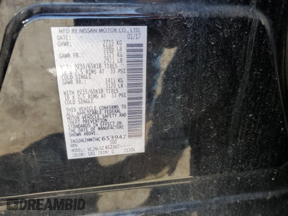 2017 Nissan Pathfinder Platinum with VIN 5N1DR2MM7HC653947, listed as a Copart auction lot 57311315 with 161,209 mi miles and Salvage title. Bid and sale history available at DreamBid. Image 13.