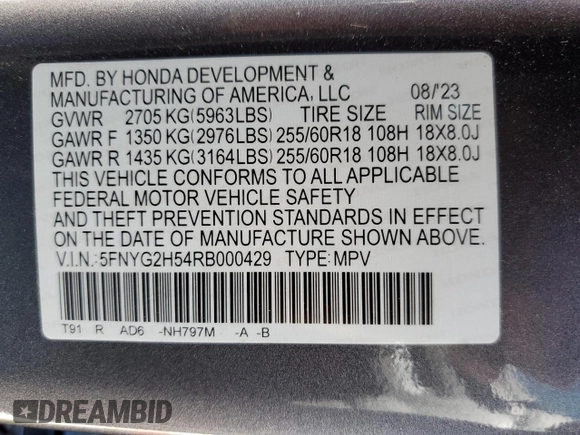 2024 Honda Pilot EX-L 7 Passenger with VIN 5FNYG2H54RB000429, listed as a Copart auction lot 45603515 with 16,185 mi miles and Non Repairable. Bid and sale history available at carsss.com. Image 14.