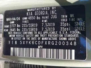 2024 Kia Sportage X-Line with VIN 5XYK6CDFXRG200348, listed as a IAAI auction lot 41892015 with 11,320 mi miles and . Bid and sale history available at carsss.com. Image 9.