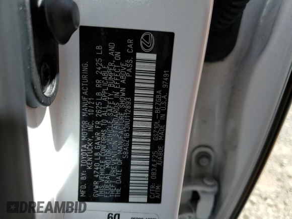 2022 Lexus ES 350 F Sport with VIN 58AGZ1B13NU112893, listed as a Copart auction lot 52641455 with 52,403 mi miles and Salvage title. Bid and sale history available at DreamBid. Image 13.