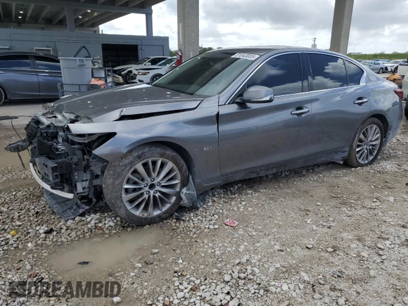 2020 Infiniti Q50 Edition 30 with VIN JN1EV7AP4LM205056, listed as a Copart auction lot 51043005 with 54,493 mi miles and Salvage Title. Bid and sale history available at DreamBid. Image 1.