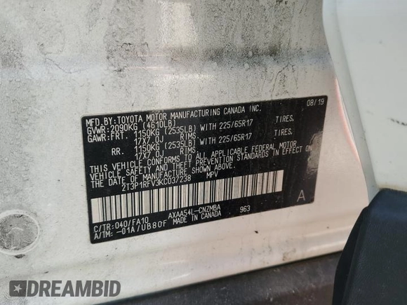 2019 Toyota RAV4 XLE with VIN 2T3P1RFV3KC037238, listed as a Copart auction lot 51245615 with 59,093 mi miles and Salvage Title. Bid and sale history available at carsss.com. Image 13.